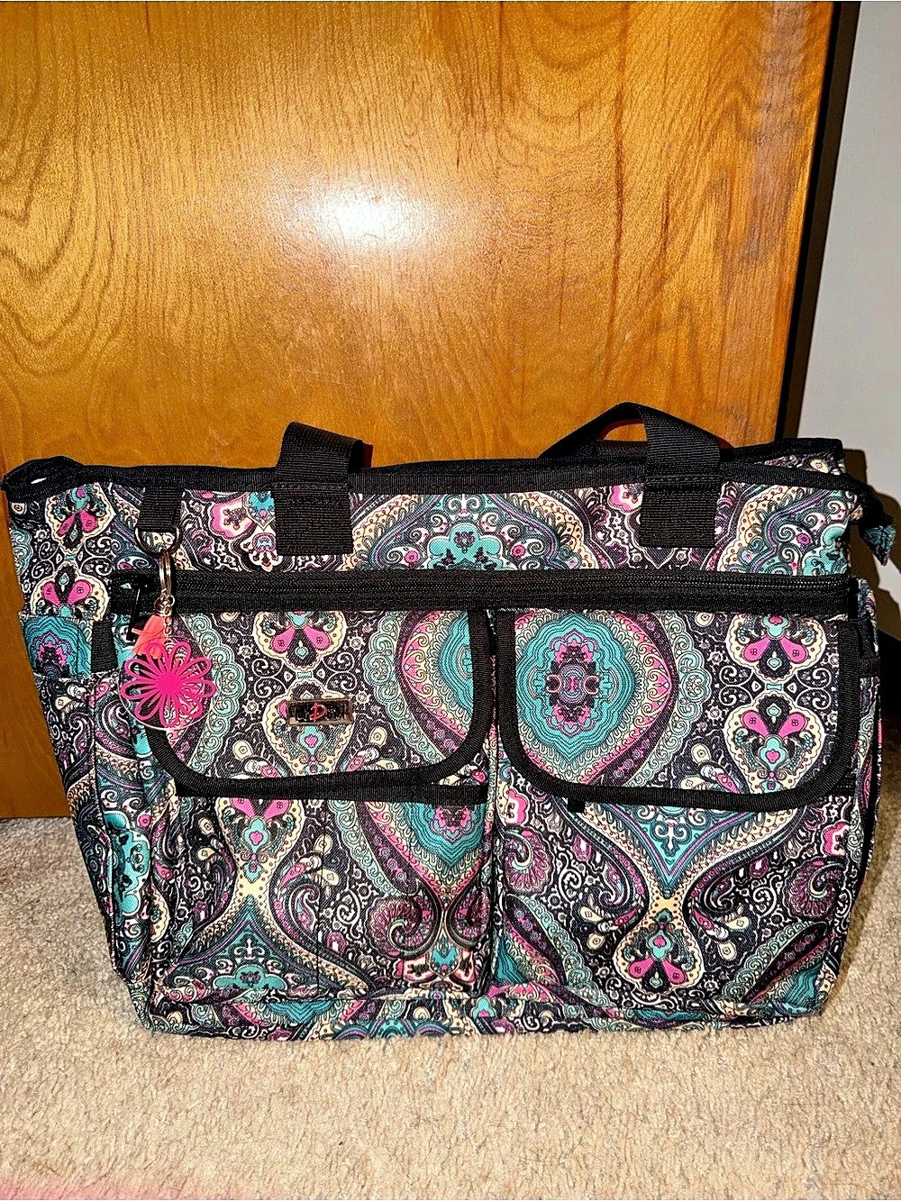 Work Organizing Utility Tote Black & Pink Paisley